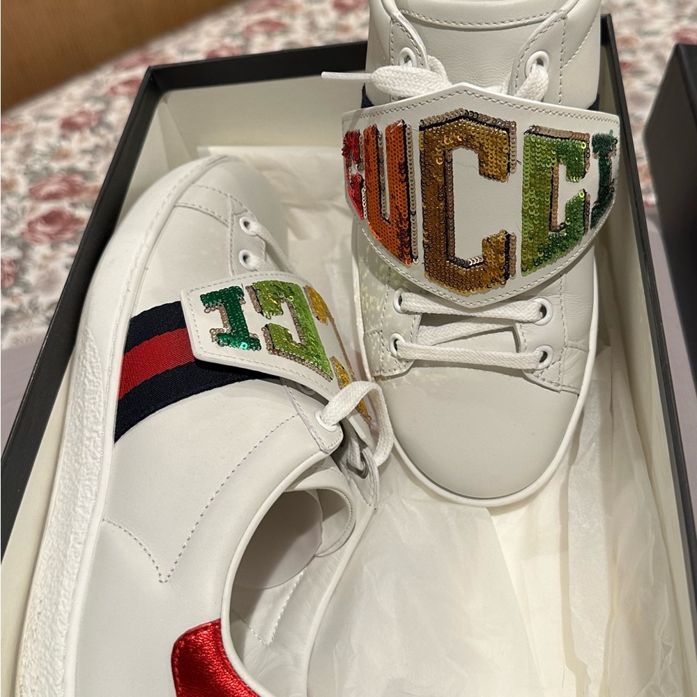 Gucci White Sneakers with Colorful Logo